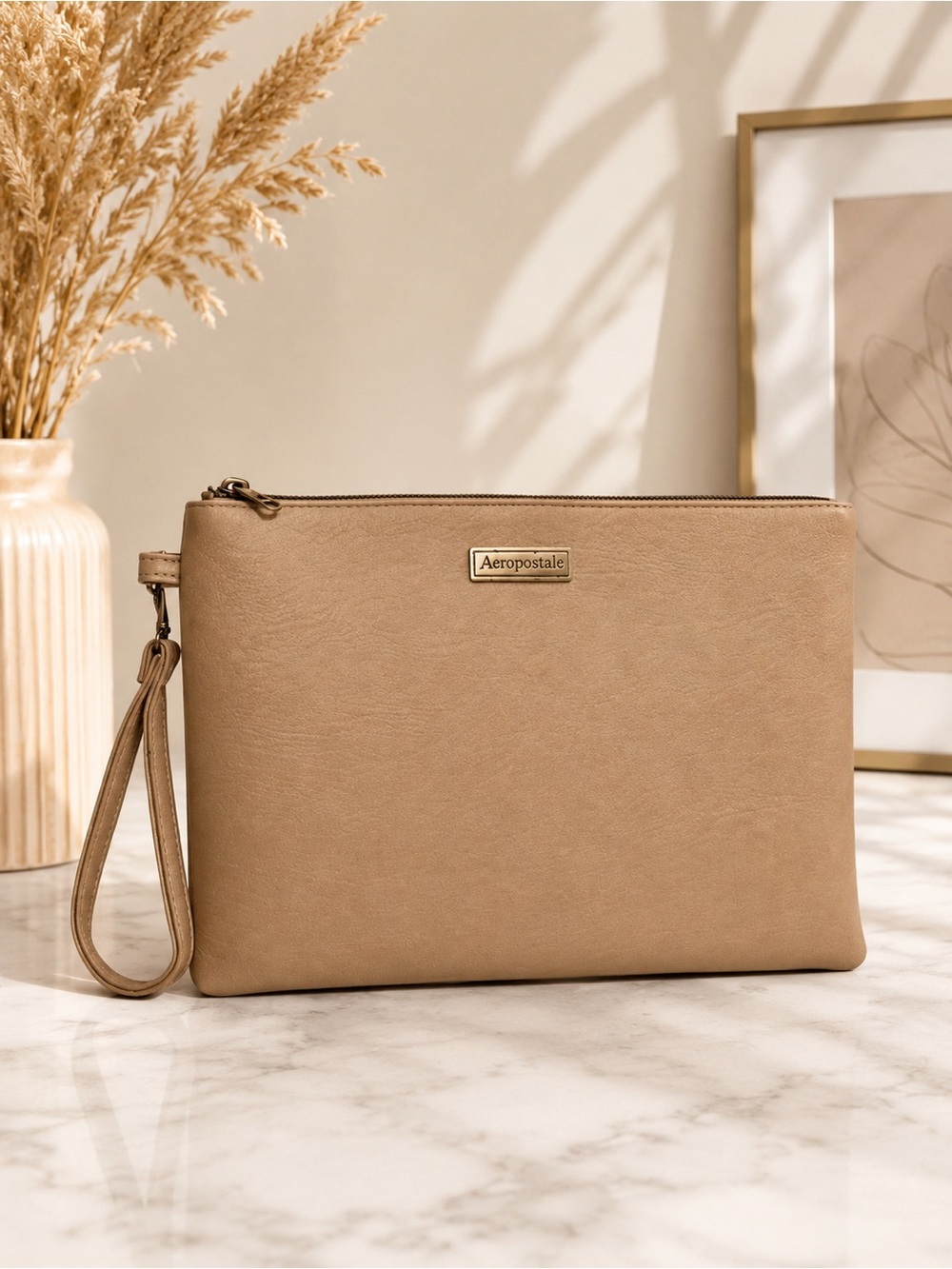 Aeropostale Beige Faux Leather Wristlet Clutch Zip Pouch Neutral Everyday Bag
